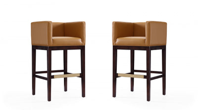 Kingsley Mid-Century Modern Wood Upholstered Barstool in Camel - Set of 2 | Tabouret de bar Kingsley style moderne du milieu du siecle en bois et tissu couleur camel - Lot de 2