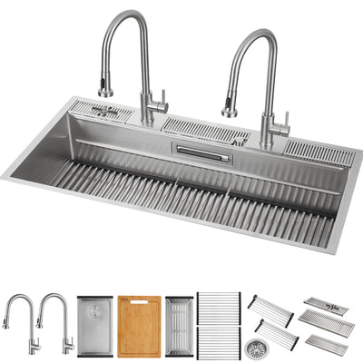MultiSINK 45 in. Dual Mounted 3-Level Workstation Kitchen Sink, Faucets, Glass Rinser,Stainless Steel- J-WP30 Laundry Combo | Evier poste de travail MultiSINK 45 po, double pose, 3 niveaux, robinets, rince-verre, inox - J-WP30