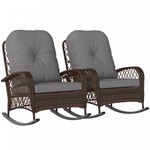 Outsunny Lot De 2 Chaises A Bascule En Rotin Avec Coussin Pour Jardin, Gris