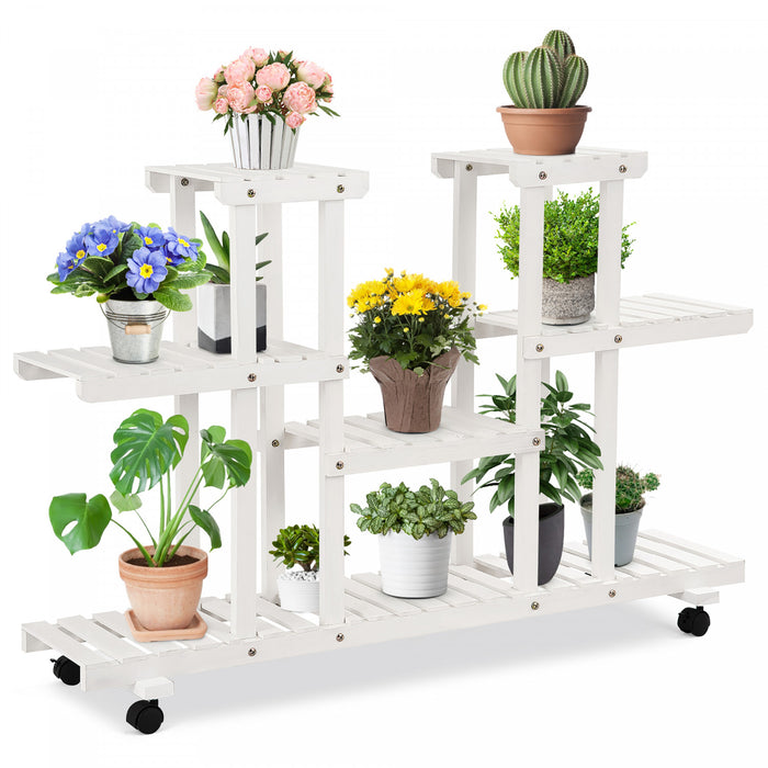 Costway 4 Niveaux Roulant Fleur Rack Bois Plante Stand Roulettes 12 Pots Bonsai Etagere D'affichage