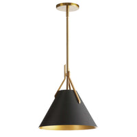 Luminaire suspendu Nicole de Dainolite avec abat-jour en métal noir et doré, fini laiton vieilli et 1 ampoule