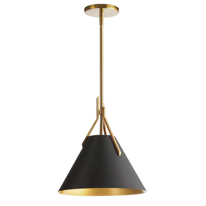 Luminaire suspendu Nicole de Dainolite avec abat-jour en métal noir et doré, fini laiton vieilli et 1 ampoule