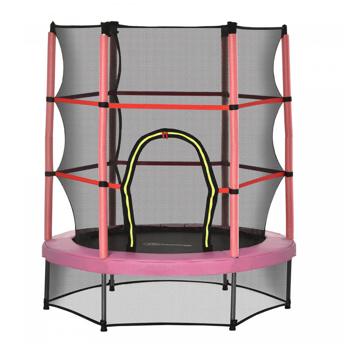 Outsunny Trampoline pour enfants Φ55\" avec filet, cadre en acier, rebondeur rond d'interieur, age 3 a 6 ans, rose