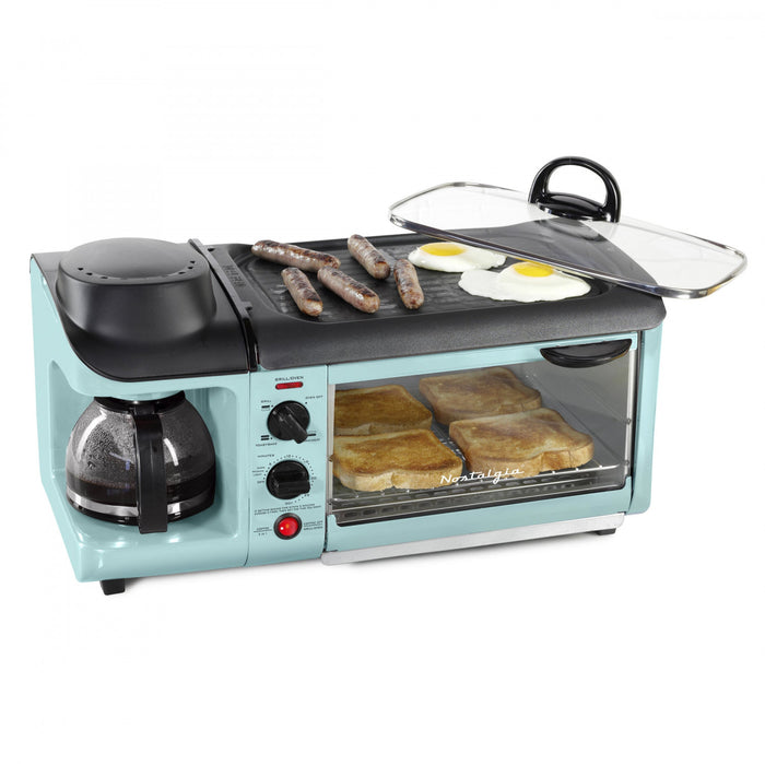 Station déjeuner rétro 3 en 1 de format familial de Nostalgia avec four grille-pain turquoise - BST3AQ