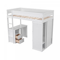  Lit Mezzanine En Bois Massif Jeffrey Avec Armoire, Bureau Et Tiroirs - Blanc
