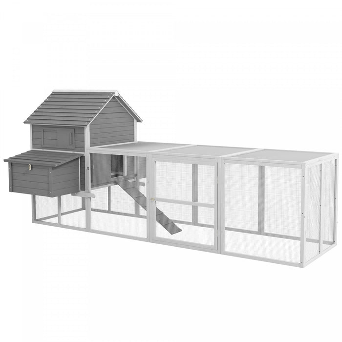 Pawhut Poulailler, Parc A Poules En Bois Avec Nichoirs, Parcours, Portes, Plateau, Rampe Pour 4-6 Poules, Lapins, Canards Pour L'exterieur, Gris
