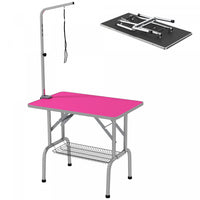 Pawhut Table De Toilettage Pliable En Acier Inoxydable Pour Chien Avec Bras Reglable Et Panier, Rose