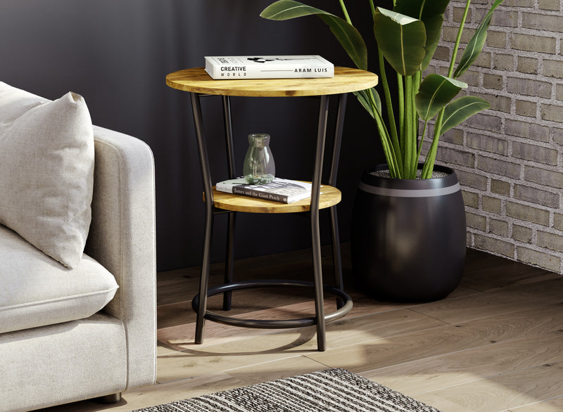 Table de bout avec 1 tablette - dessus en bois recyclé brun avec métal noir
