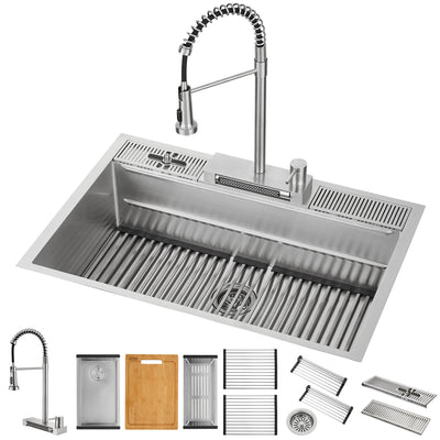 MultiSINK 33 in. Dual Mounted 3-Level Workstation Kitchen Sink, Faucet, Glass Rinser,Stainless Steel - E-XP31 Laundry Combo | Evier poste de travail MultiSINK 33 po, double pose, 3 niveaux, robinet, rince-verre, inox-E-XP31