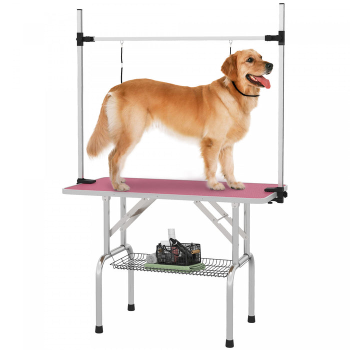 Pawhut Table De Toilettage Reglable Pour Chien, Dessus En Caoutchouc, 2 Sangles De Securite, Panier De Rangement En Maille, Metal Lourd, 42,25\" X 23,5\" X 67\", Rose