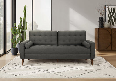 Upholstered Sofa, 75"L, Decorative Pillows, Solid Wood Legs, Dark Grey Fabric, Modern Sofa | Sofa Rembourre, 75"L, Coussins Decoratifs, Pieds En Bois Massif, Tissu Gris Fonce, Moderne