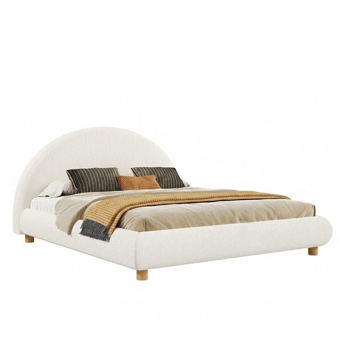 Lit plateforme Harold avec tete de lit incurvee ronde en tapisserie bouclee et cadre bas, taille Queen, blanc