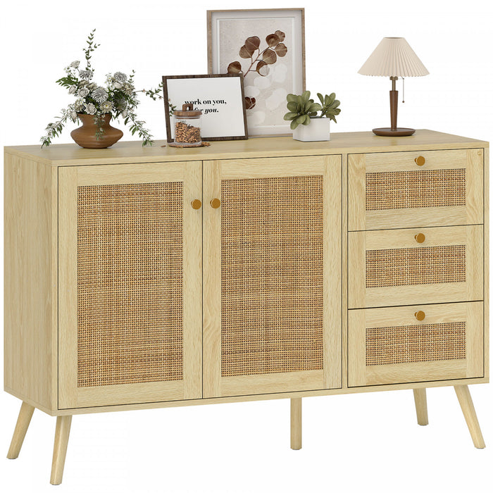 HOMCOM Buffet en rotin 47\" avec portes a fermeture amortie, naturel