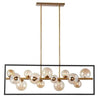 Luminaire suspendu horizontal Glasgow de Dainolite en verre champagne, avec cadre carré, fini noir mat et bronze rétro, et 13 ampoules