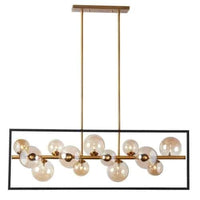 Luminaire suspendu horizontal Glasgow de Dainolite en verre champagne, avec cadre carré, fini noir mat et bronze rétro, et 13 ampoules
