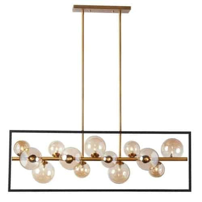 Dainolite Glasgow 13 Light Horizontal Pendant Square Frame Matte Black/Vintage Bronze Finish Champagne Glass Lamp|Luminaire suspendu horizontal Glasgow de Dainolite en verre champagne, avec cadre carré, fini noir mat et bronze rétro, et 13 ampoules