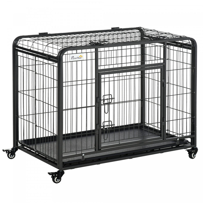 Pawhut Cage Pour Chien Pliable Cage De Transport Sur Roulettes 2 Portes Verrouillables Plateau Amovible Metal Gris Noir
