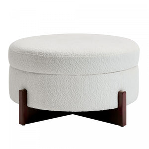 Table Basse Ottoman Ronde Sophia avec Rembourrage Capitonne et Rangement - Blanc
