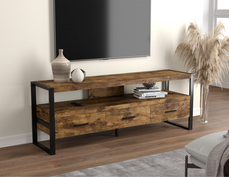 Meuble pour téléviseur de 59 po en bois clair avec 3 tiroirs et 1 tablette - bois recyclé brun