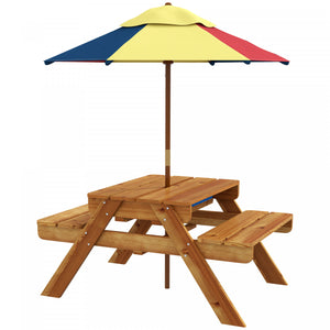 Outsunny Table De Pique-nique Pour Enfants, Table De Sable Et D'eau 3 En 1 En Bois Avec Parapluie Pliable Amovible, Plateau Amovible Pour Terrasse, Pelouse, Jardin, Ages De 3 A 6 Ans, Teck