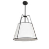 Luminaire suspendu Trapezoid de Dainolite avec abat-jour noir et blanc qui diffuse la lumière, tissu blanc et 1 ampoule