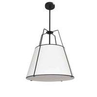 Luminaire suspendu Trapezoid de Dainolite avec abat-jour noir et blanc qui diffuse la lumière, tissu blanc et 1 ampoule