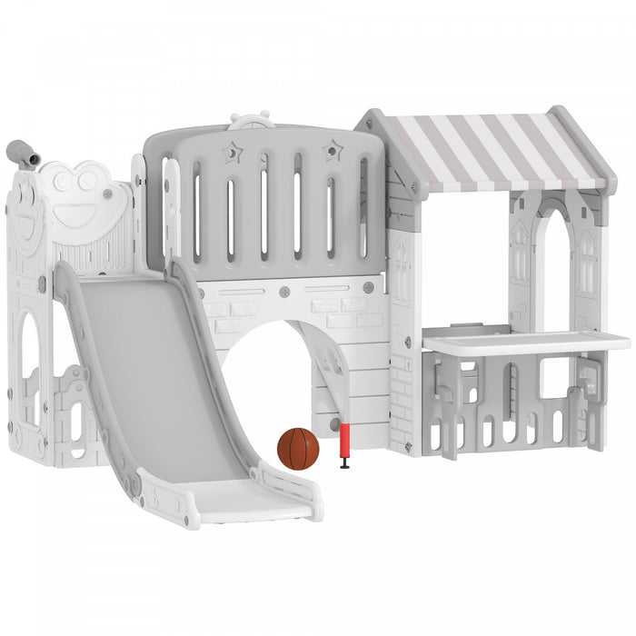 Qaba Toboggan 7 en 1 pour tout-petits avec maisonnette, toboggan d'escalade pour enfants avec panier de basket et tunnel pour jeux d'interieur de 1 a 4 ans, gris