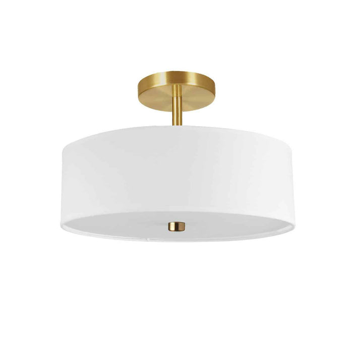 Plafonnier semi-affleuré Everly de Dainolite avec abat-jour blanc, fini laiton vieilli et 3 ampoules