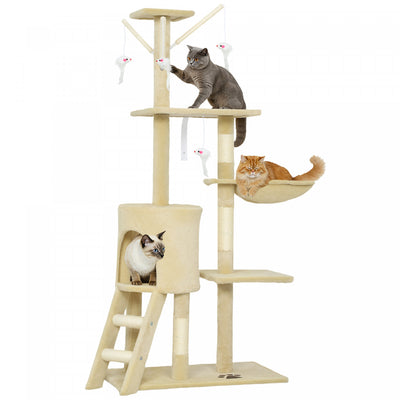 PawHut Cat Tree, 53" Cat Tower for Indoor Kittens with Sisal Scratching Posts, Plush Perches, Condo, Hammock, Ladder, Dangling Toys, Multi-Level Kitty Activity Centre, Beige