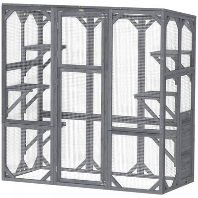 Pawhut Catio, Outdoor Cat Enclosure With 6 Jumping Platforms, Weatherproof Roof, Large Front Door, Wooden Cat House Cage For 1-3 Kittens, 59" X 28" X 60", Grey