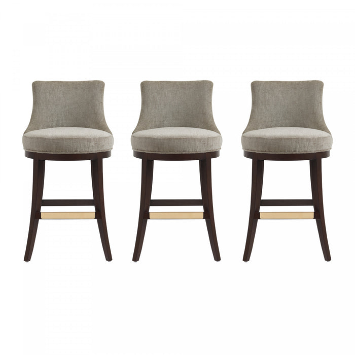 Tabouret de bar moderne Lucia en bois et chenille taupe, lot de 3