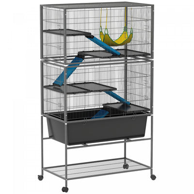 PawHut 59"H 5-Level Ferret Chinchilla Rabbit Guinea Pig Cage, Metal Small Animal Critter Nation Cage with Slide Out 6.3L Deep Tray, Non-Slip Ramps, Hammock, for Pet Mink, Squirrel