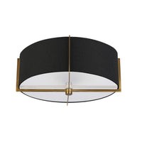 Plafonnier semi-affleuré Preston de Dainolite avec abat-jour noir, fini laiton vieilli et 3 ampoules