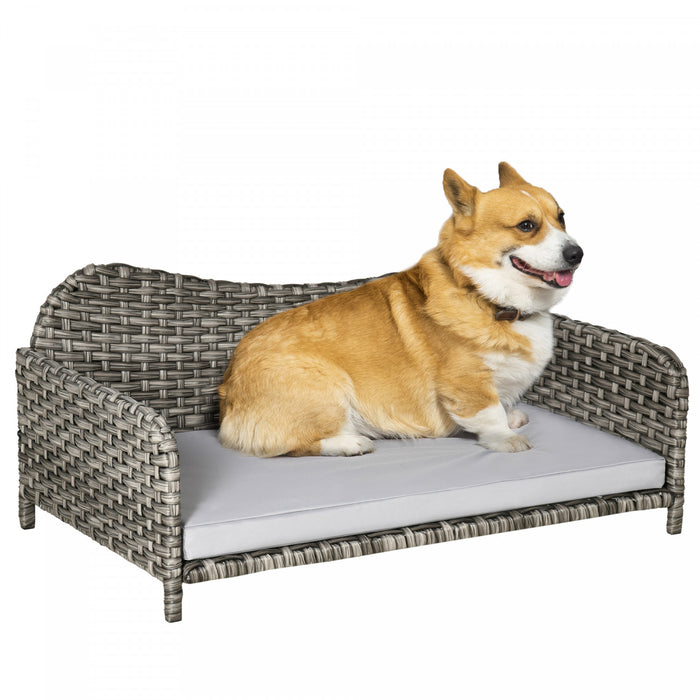 Pawhut Canape Pour Animaux En Rotin, Lit Sureleve En Osier Pour Chien, Canape Chien Chat, Coussin Doux Et Lavable Pour L'interieur Et L'exterieur, Pour Petits Et Moyens Chiens, Gris Clair