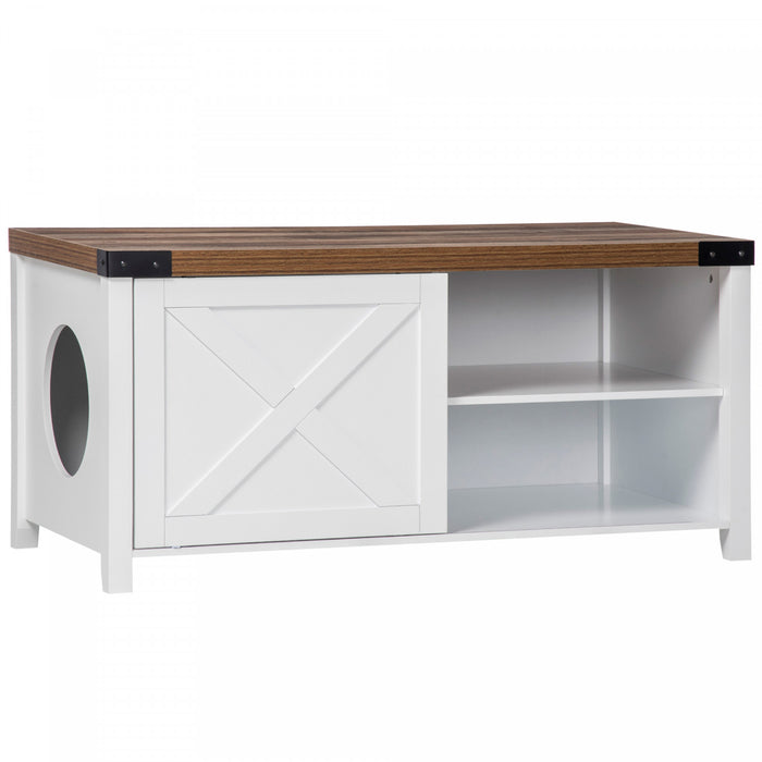 Pawhut Boite A Litiere Pour Chat Avec Porte Coulissante, Banc De Rangement De Toilettes Pour Chat Avec Trou, Table D'extremite Pour Maison D'interieur Pour Chat Avec Structure En Bois Solide, Blanc