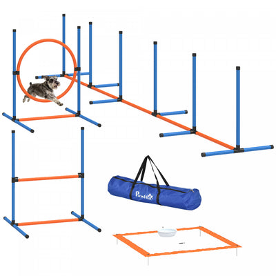 PawHut Dog Agility Training Equipment, 5PCS Dog Obstacle Course Starter Kit with Weave Poles, Adjustable Hurdles, Jump Ring, Pause Box, Bowl and Carrying Bag