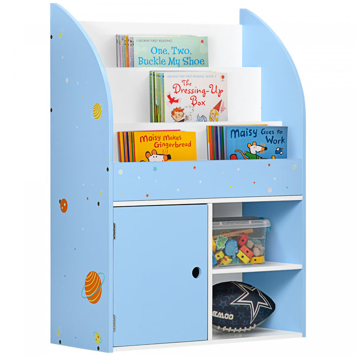 Qaba Organisateur De Rangement Pour Jouets Avec Armoire, Etagere Pour Enfants Avec Motifs Etoiles Et Planetes, Bibliotheque Autoportante Pour Enfants, Presentoir Pour Jouets, Vetements, Livres, Bleu