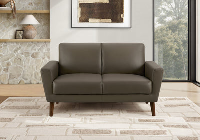 Upholstered Love Seat, 58" L, Brown Leather-Look, Walnut Wood Legs, Mid-Century, Modern Loveseat | Causeuse Rembourre, 58" L, Aspect Cuir Marron, Pieds En Bois De Noyer, Mid-Century