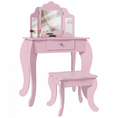 Qaba Kids Vanity Table And Stool, Makeup Vanity Girls Dressing Table Set With Tri-folding Mirrors Dr|Qaba Coiffeuse Et Tabouret Pour Enfants Coiffeuse Pour Filles Bureau De Maquillage Avec Miroirs Tri-