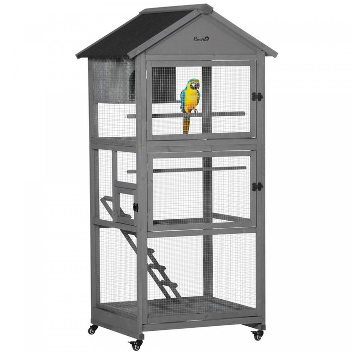 Pawhut 180,9 Cm Cage A Oiseaux Grande Voliere Mobile En Bois Pour Perruche Calopsitte Canari Avec Perchoir A Roue Nid Echelle Plateau Coulissant Pour Interieur Exterieur Gris Fonce