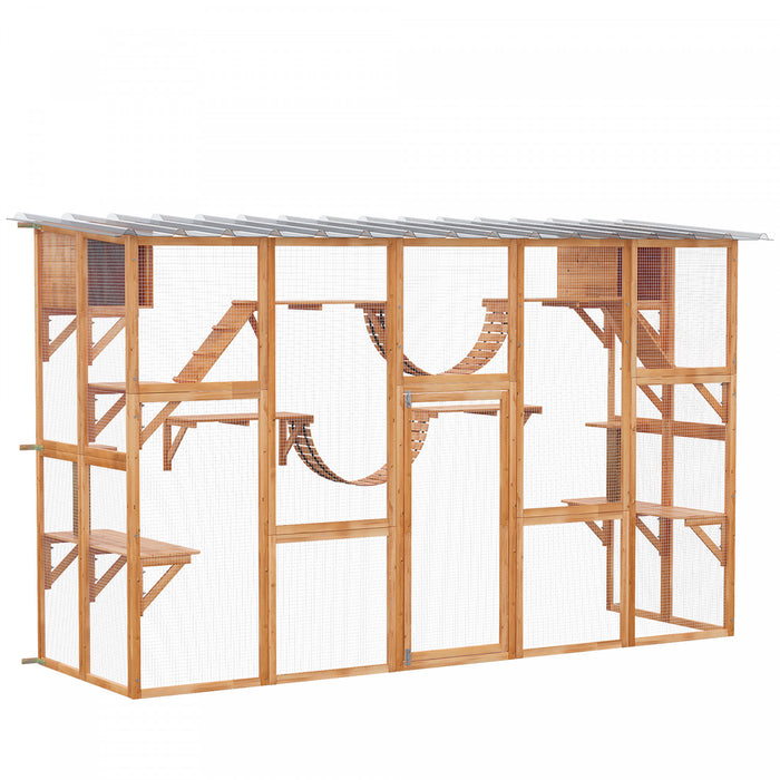 Pawhut Maison D'exterieur Pour Chat Avec Toit De Protection Contre Les Intemperies Pour Plusieurs Chatons, Cadre En Bois, Etageres Et Ponts, 118\" X 37.5\" X 74\" , Orange
