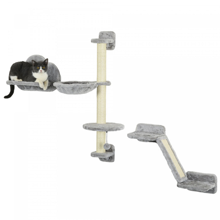 Pawhut 3 Pieces Etageres Pour Chat, Meubles Muraux Pour Chat Avec Hamac, Poteaux A Gratter, Plates-formes De Saut, Balles De Jouets, Etageres Murales Pour Chat Pour Une Utilisation En Interieur, Gris