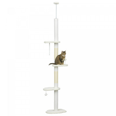 Pawhut Floor To Ceiling Cat Tree With Scratching Posts, 88.5"-100.5" Adjustable Height Cat Tower With Cloud Shaped Platforms, Dangling Balls, White