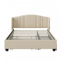  Lit plateforme Jean rembourre avec tete de lit a oreilles et tiroirs de rangement, taille queen, beige