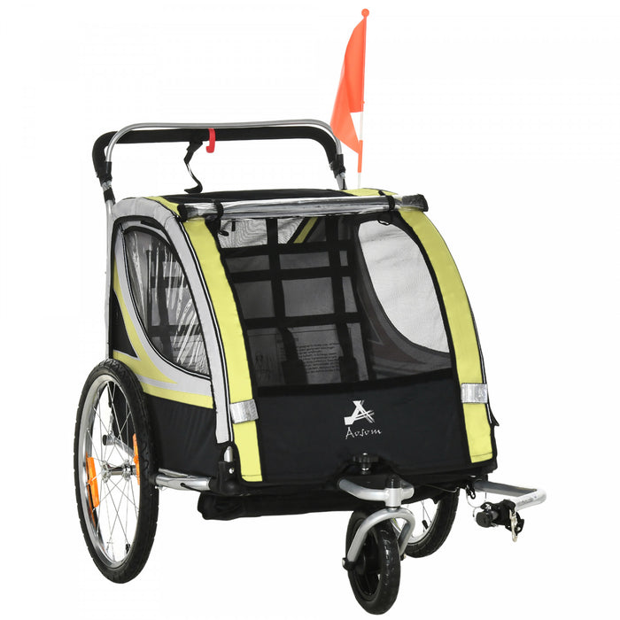 Aosom Remorque Velo Enfant 2 En 1, Poussette Bebe Avec Frein, Sac De Rangement, Drapeau De Securite, Reflecteurs Et Harnais 5 Points, Jaune