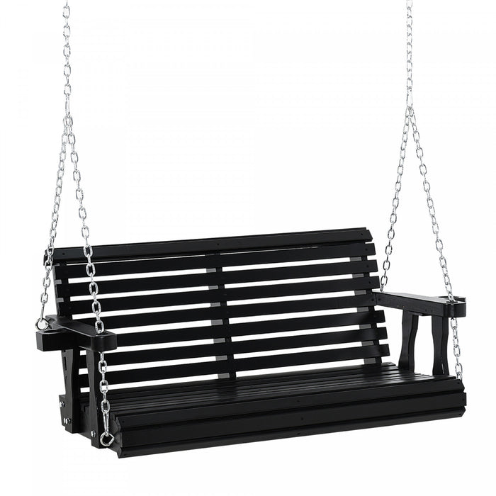 Outsunny 46\" Porch Swing Bench Pour 2 Personnes Avec 2 Porte-gobelets Integres, Design A Lattes, Chaines Incluses, Capacite De Charge De 550lb, Noir.