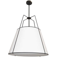 Luminaire suspendu Trapezoid de Dainolite avec abat-jour trapézoïde noir et blanc qui diffuse la lumière, tissu blanc et 3 ampoules