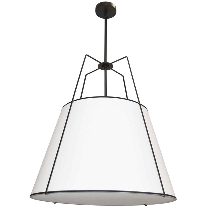 Luminaire suspendu Trapezoid de Dainolite avec abat-jour trapézoïde noir et blanc qui diffuse la lumière, tissu blanc et 3 ampoules