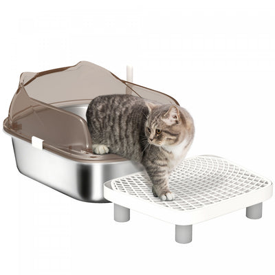 PawHut Stainless Steel Cat Litter Box with Lid, Metal Kitty Litter Pan Tray with Step, High Sided Enclosure, Scoop, Non-Sticky & Anti-Urine Leakage, Easy Cleaning