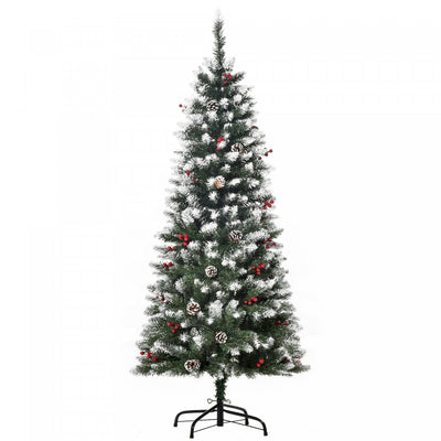 Homcom Flocked Pencil Christmas Tree With Red Berries, Pine Cones, Green|Homcom Sapin De Noel Floque Avec Baies Rouges, Pommes De Pin, Vert
